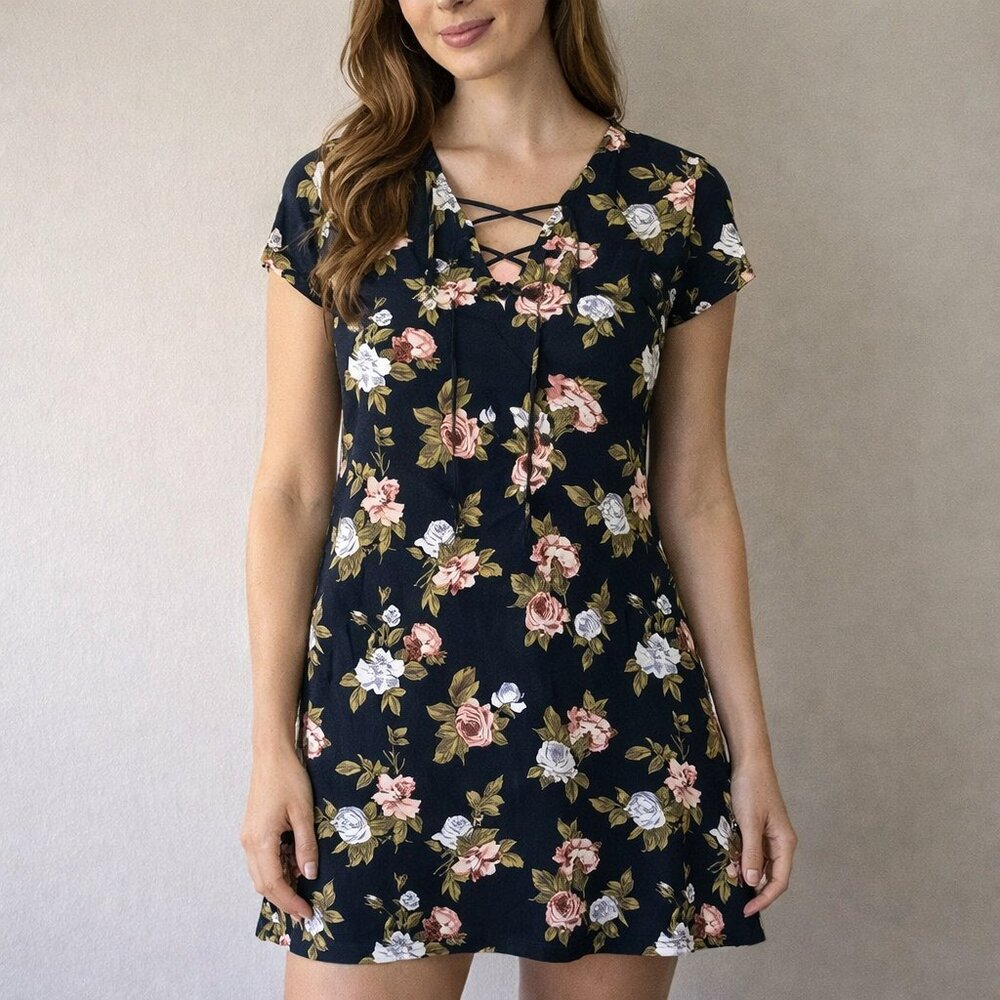 Abercrombie & Fitch Small floral mini shirt dress featuring a lace-up chest